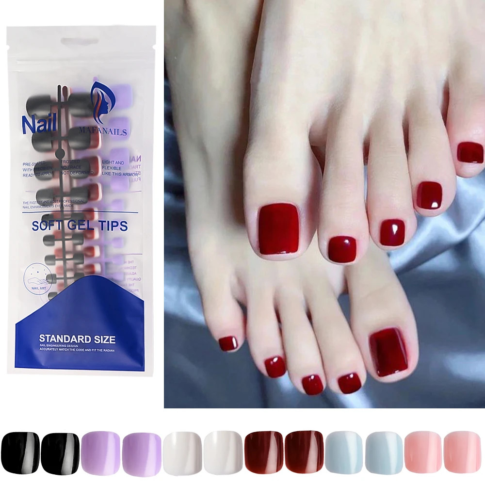 144Pcs Short Square False Toe Nails Lake Blue/White/Red/Nude Press on Toenails G