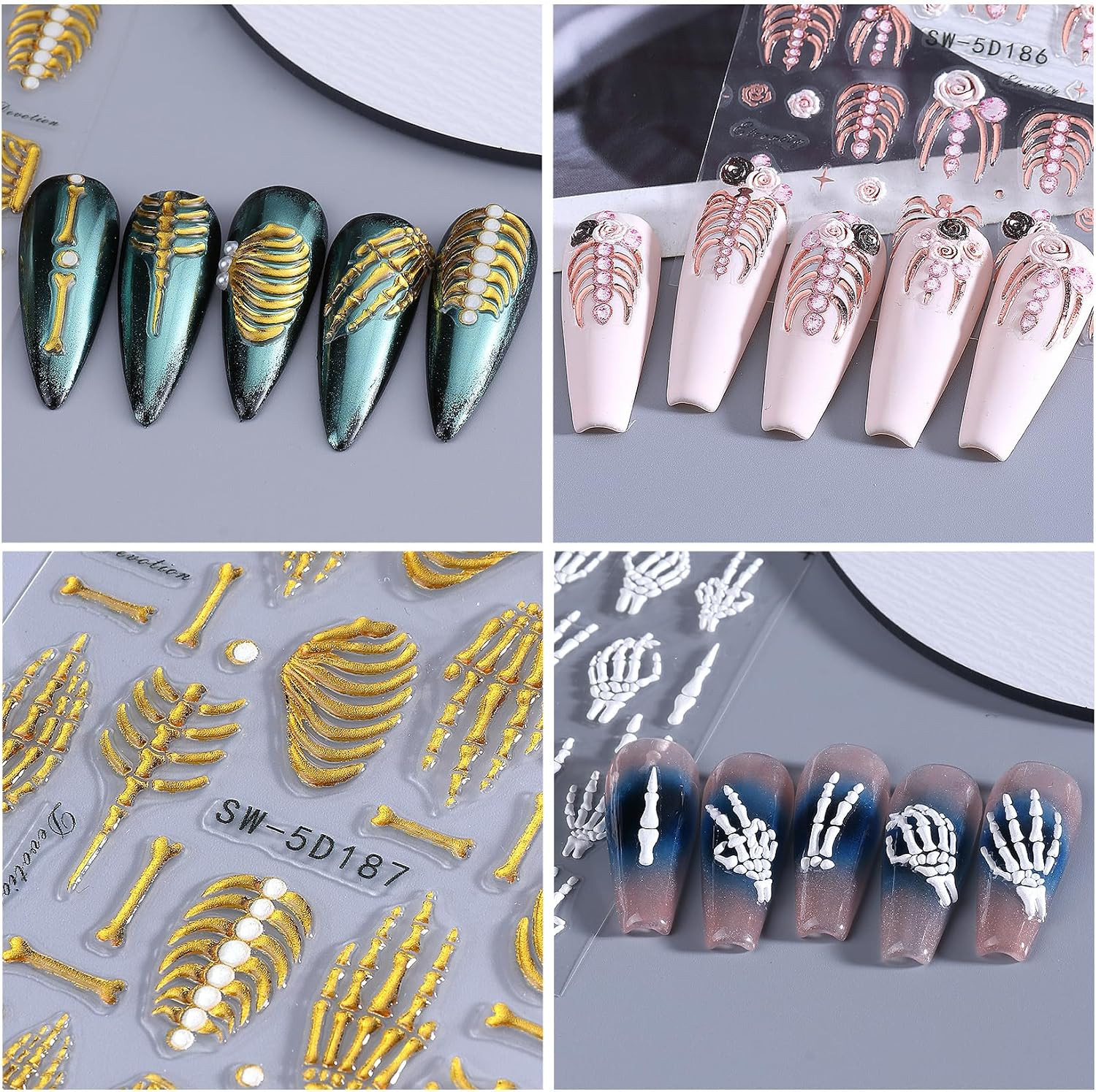 Gothic 5D Nail Art Stickers 10 PCS Embossed Skeleton Y2K Nail Decals Golden Rose
