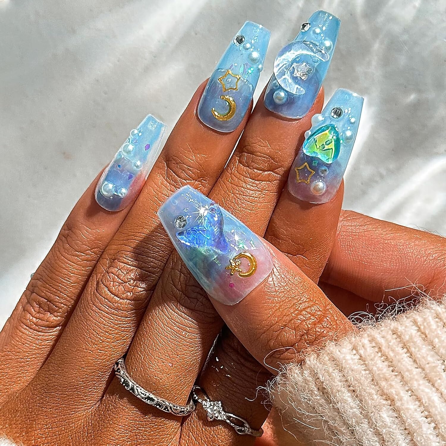 10 Piece 3D Reusable Handmade Press On Nails Set Blue Paradise
