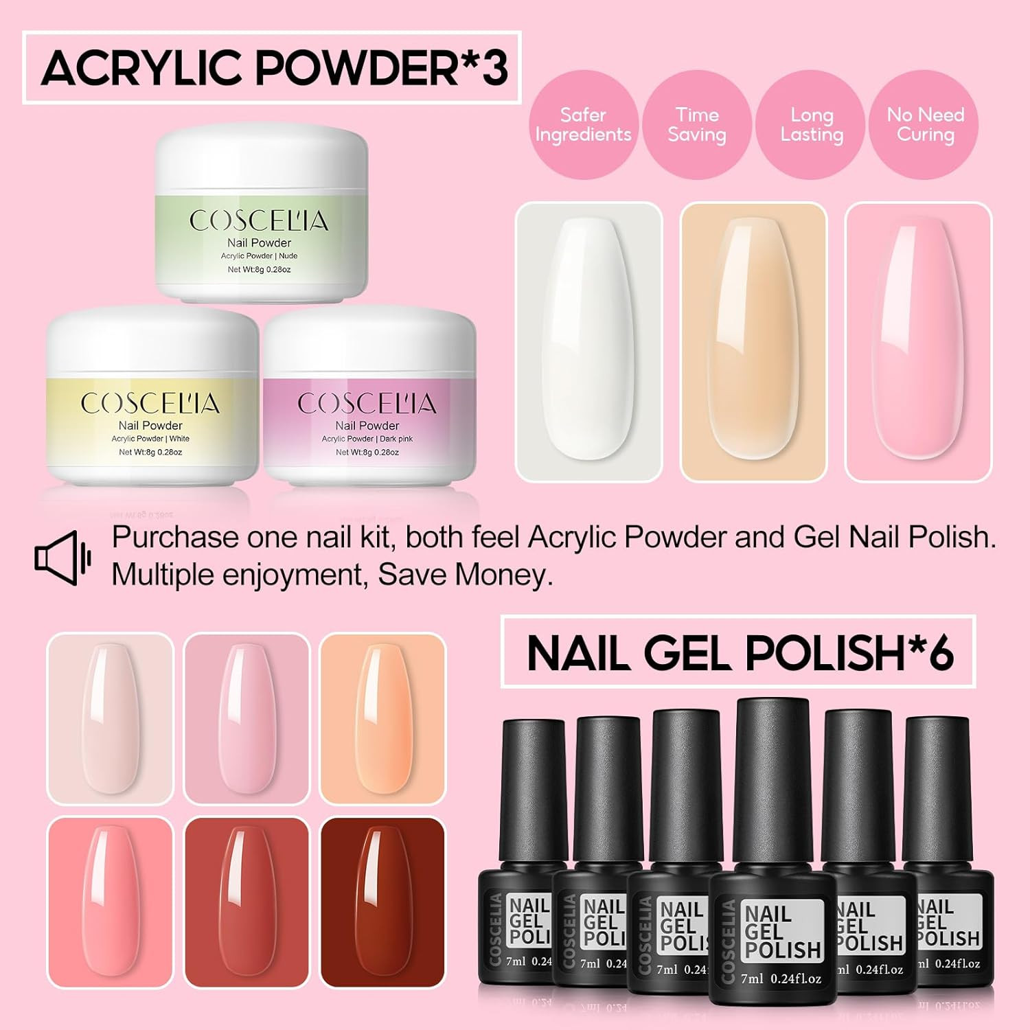 Acrylic Nail Kit for Beginners with Everything Professional Acrylics Powder 6Pcs