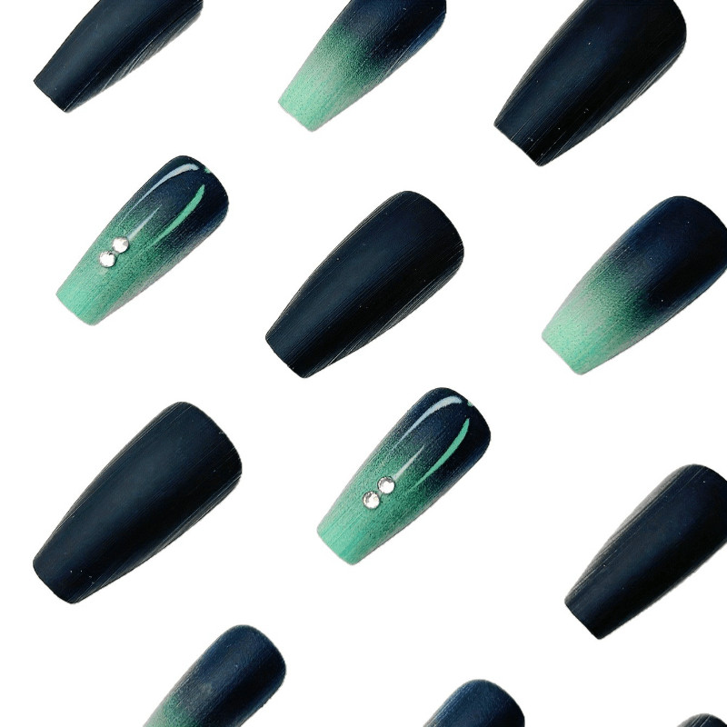 48P Long Coffin Press on Nails, Black Mint Green Gradient Luxury Fake Nails