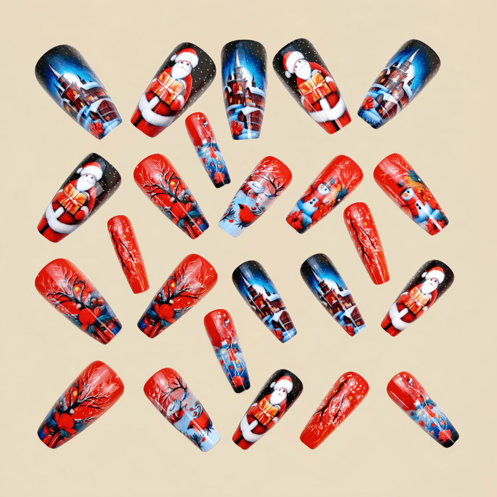 48Pcs Red Xmas Press on Nails Santa Snowman Cabin Hand Painted Fake Nails