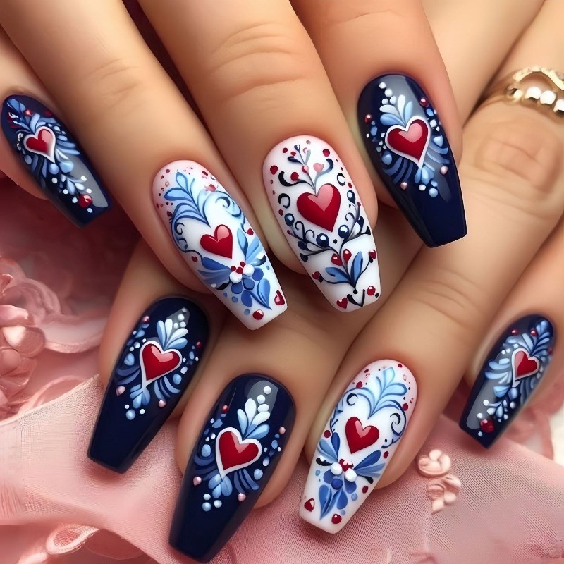 48 Pcs of Valentine’s Day Blue Heart-shaped Long Ballet Nail Fashion Fake Nail