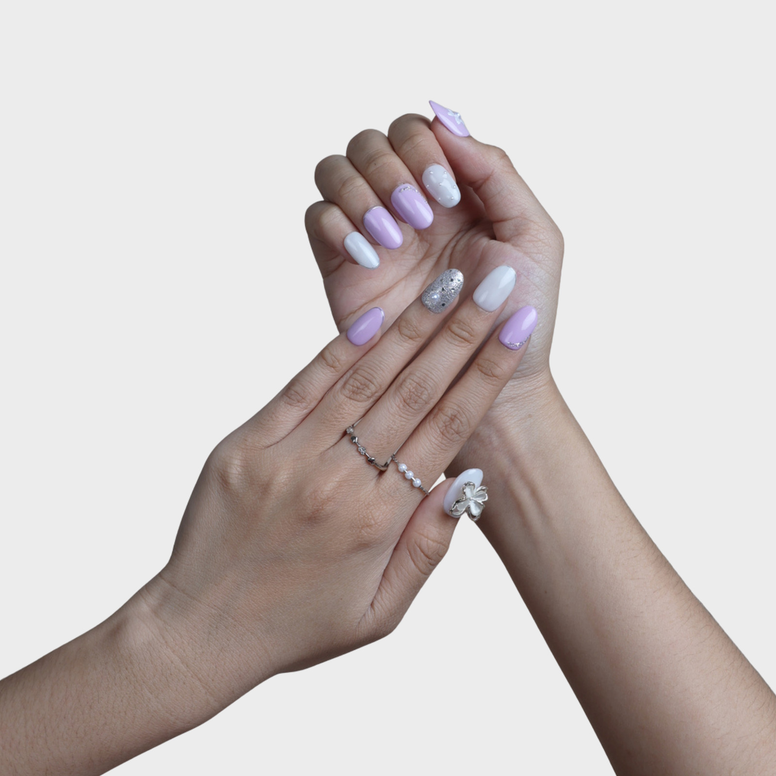 SIYOU Violet Butterfly Short Oval Glitter Pearl Press-On Nails 10pc