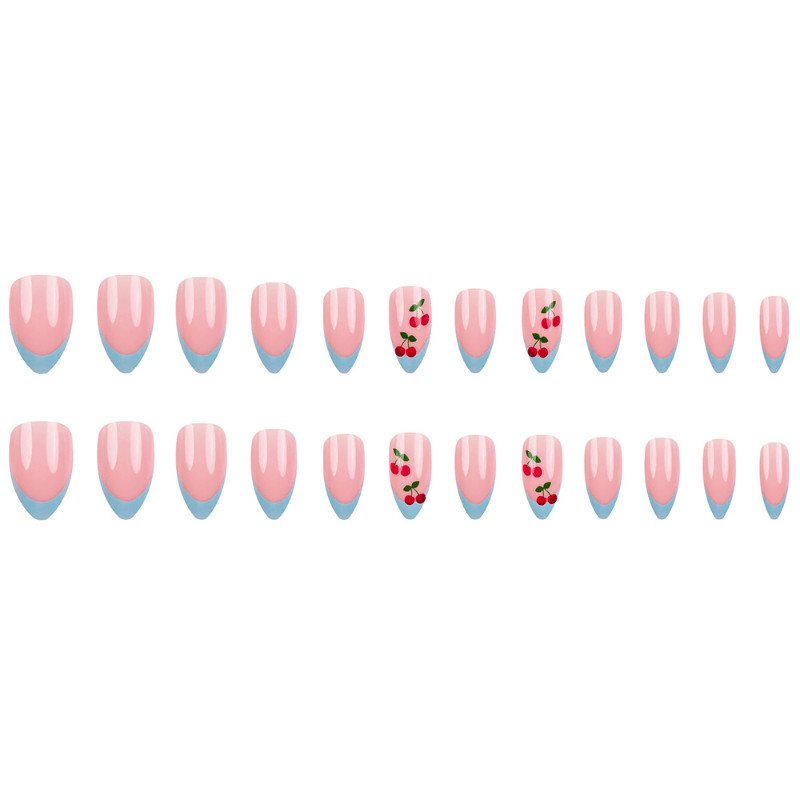 48pcs Almond Press on Nails, Light Blue French Tip Lovely Cherry Decor Nail Art