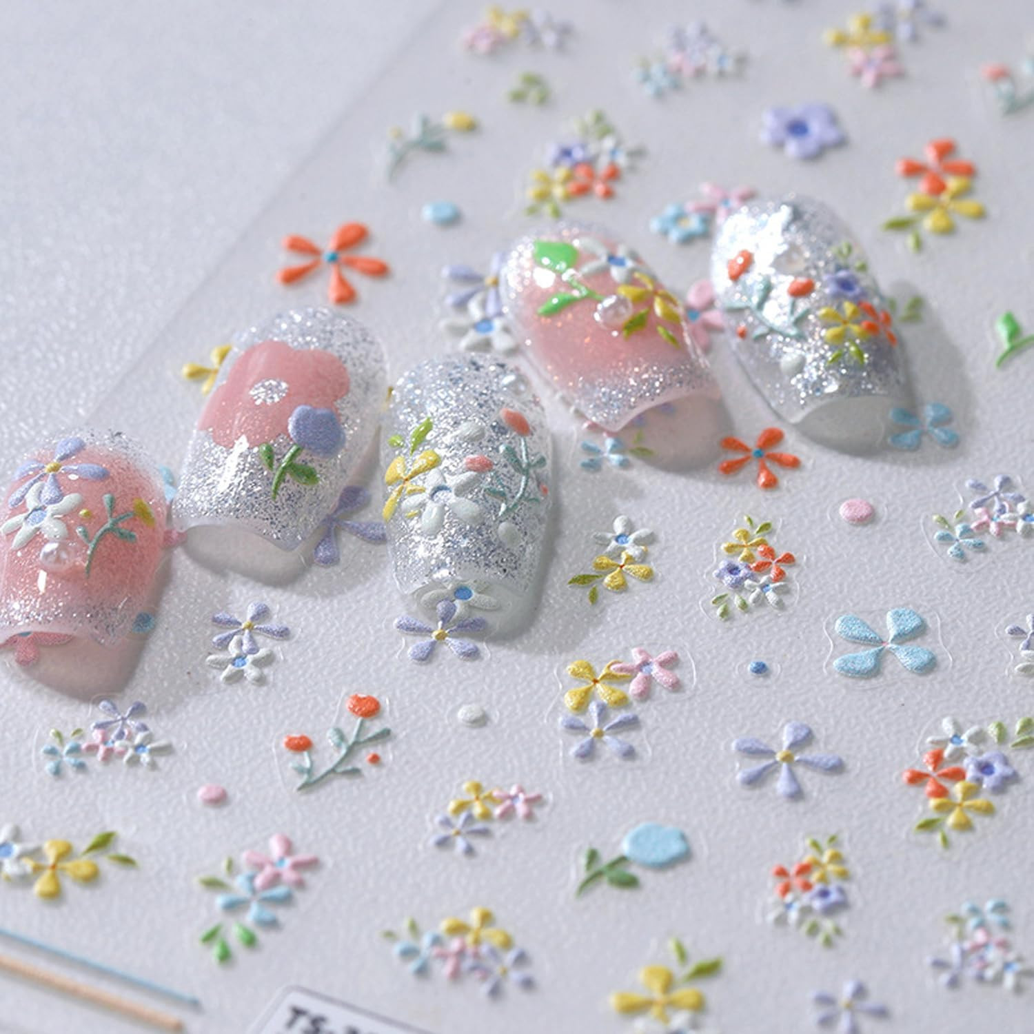 5D Embossed Flower Nail Stickers for Nail Art Summer Floral Leaf Nail Art Sticke
