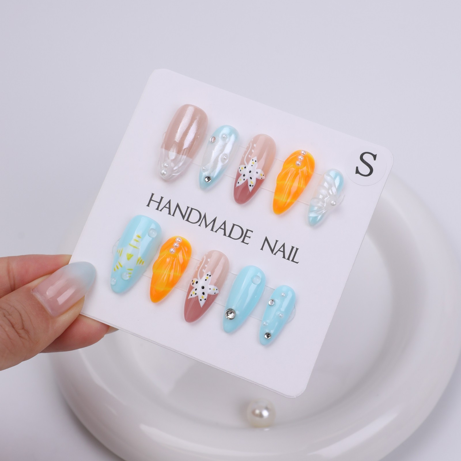 Press On Nails Medium Almond Blue Orange 3D Floral Pearl Summer Beach Nail Set