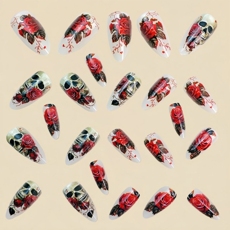24pcs/set Halloween Fake Nail Almond Shaped ABS Fake Nail Rose Skull Design