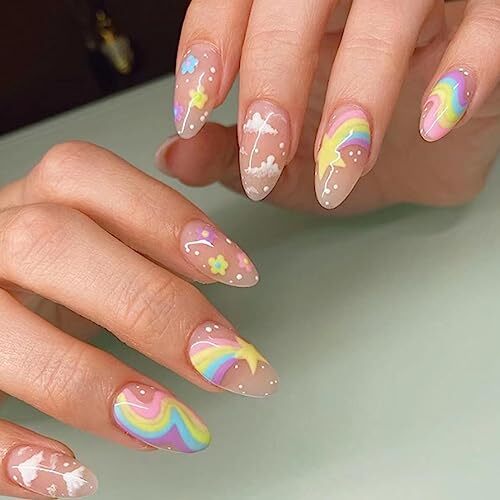 Rainbow Press on Nails Nude False Nails Full Cover Acrylic Cloud Fake Color 5