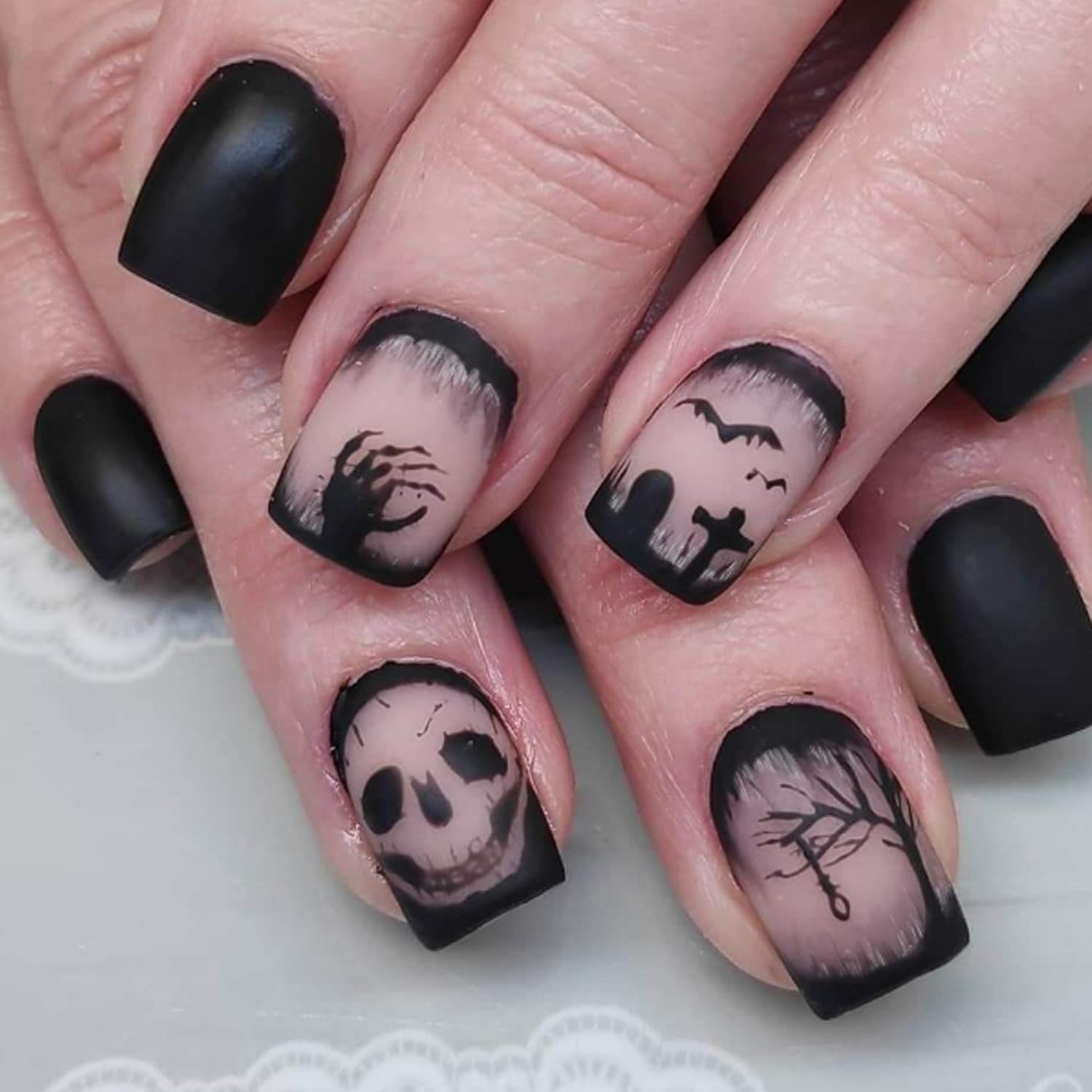 24pc Halloween Press On Nails Square Matte Acrylic Skull Bat French Tip Full Cov