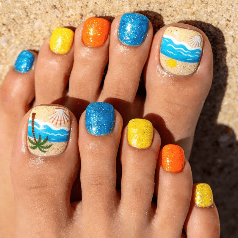 48P Short Square Tropical Palm Tree Press on Toe Nails Glitter Summer Beach Wear