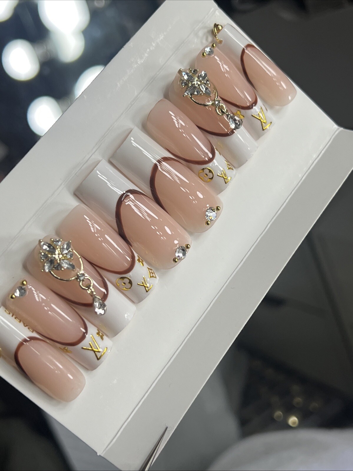 💎 CUSTOM Hard Gel Press On Nails, BLING NUDE , 10p FULL SET W Kit LONG SQUARE