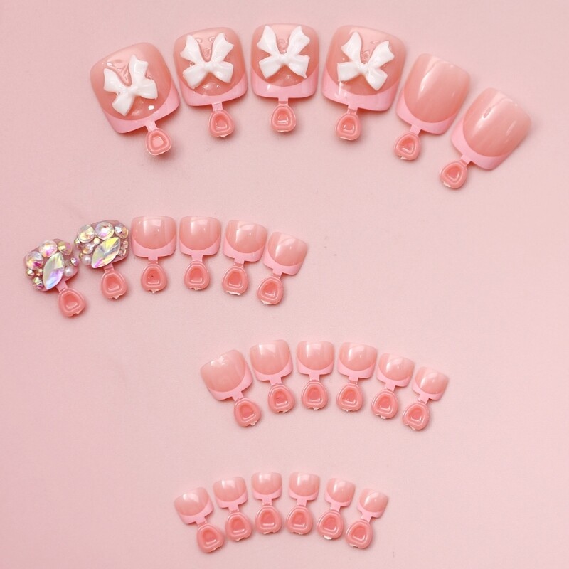 24 Pieces Short Square False Toenails With Glitters Rhinestones Embellishments