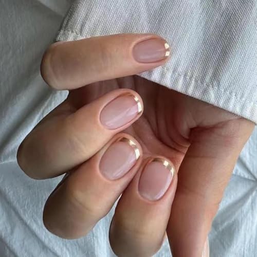 Gold French Tip Press on Nails Short Fake Nails with Design Square style01