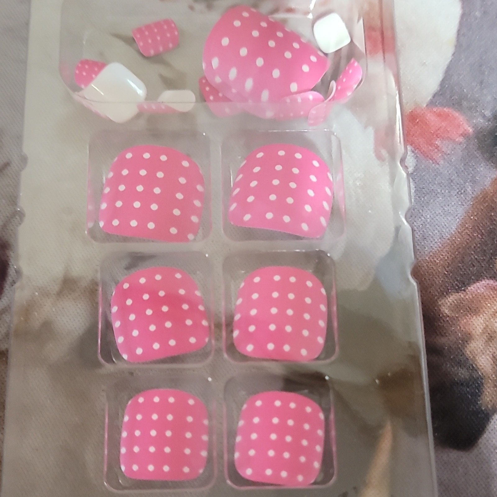 Pre-Designed Press-On ToeNails Short Square Pink White Polka Dot