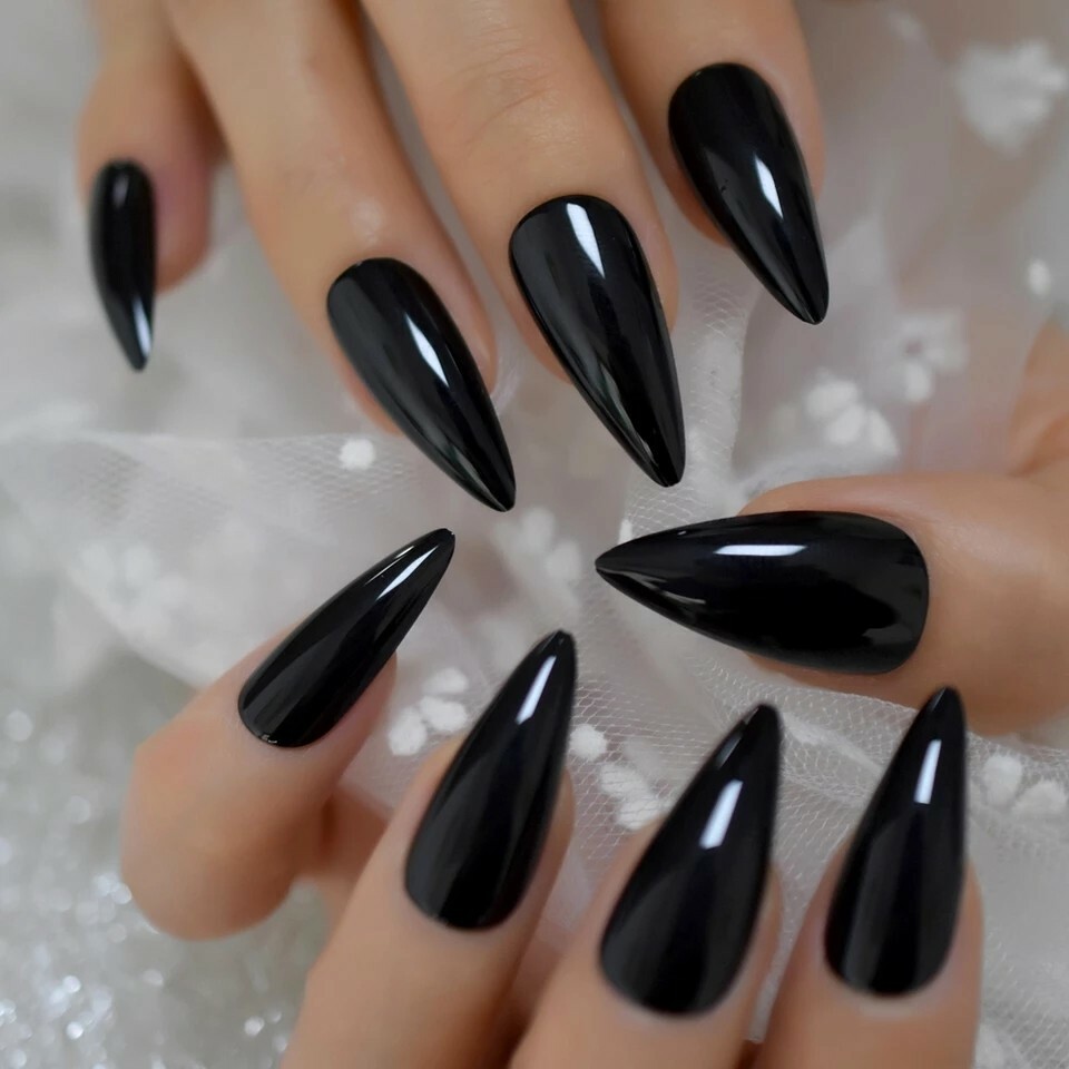 Long Black Stiletto Press On Nails Glossy goth wet look vinyl