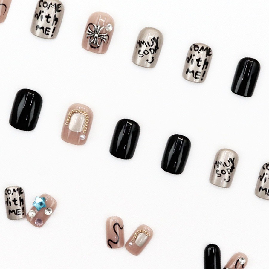 48Pcs Letter Rhinestone Press on Nails,Short Square Black Nude Trendy Fake Nails