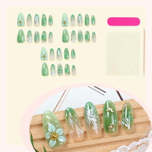 30pcs Green Press on Nails Medium Almond Fake Nails With 3D Flower Handmade-1