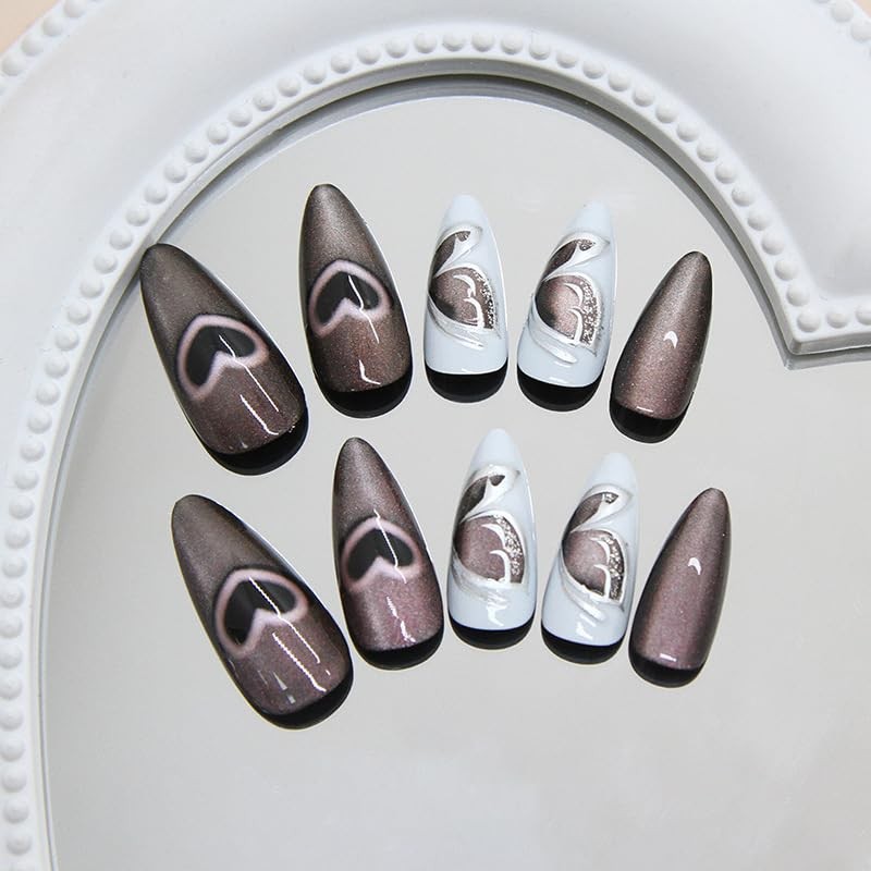 24pcs Heart Bling Press-On Nails Medium Almond Acrylic False Nails with 3D-4