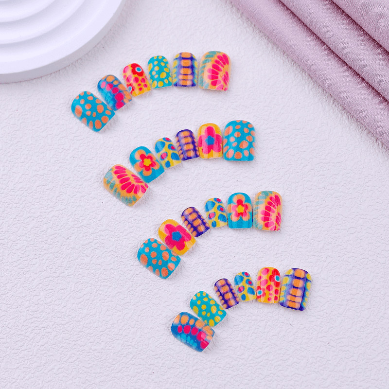 48P Short Square Press on Nails,Neon Colorful Floral Polka Dot Trendy Fake Nails