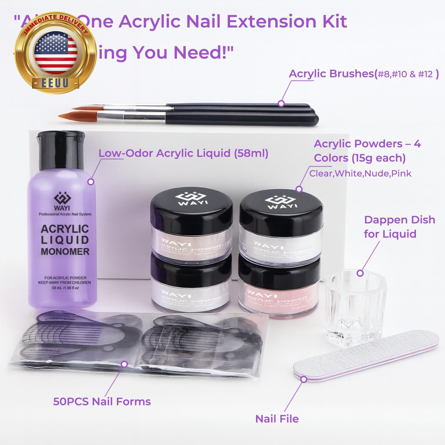 9Pcs Acrylic Nail Kit – 4Pcs Acrylic Powder (Pink, White, Clear, Nude) and Profe