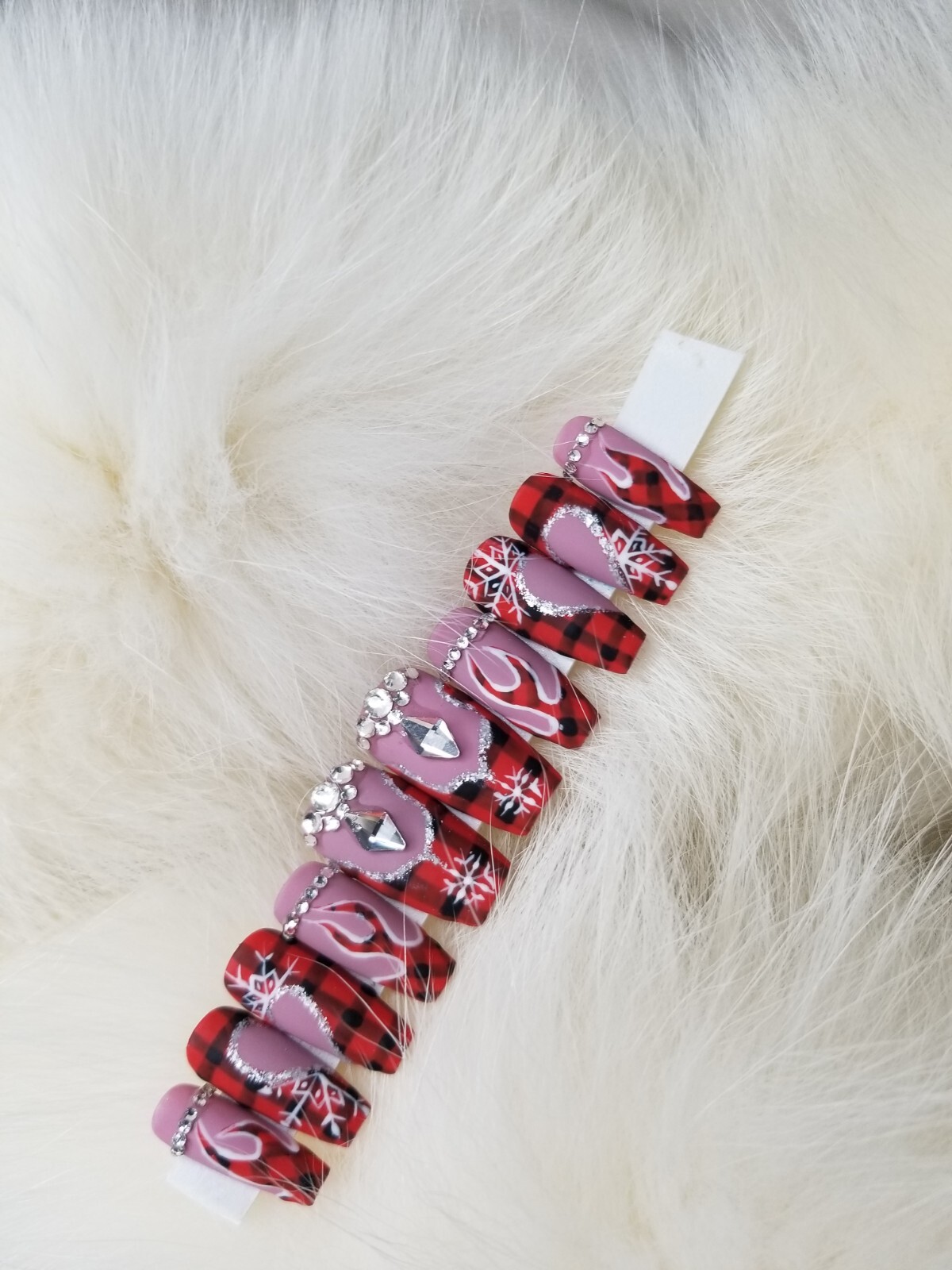 Press on Nails/ Red plaid flames/Heart design