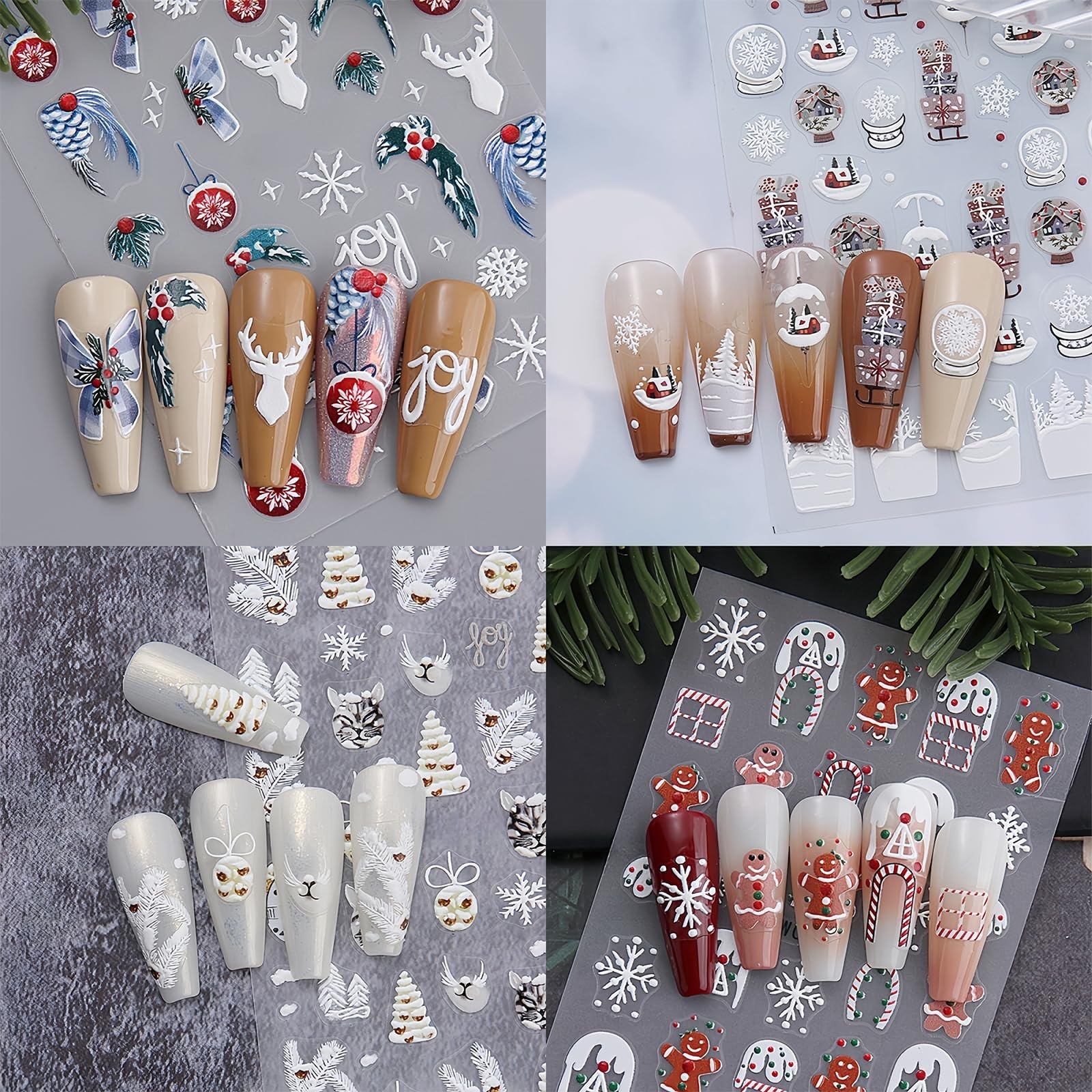 4Pcs Christmas Snowflake Nail Stickers 5D Embossed Self-Adhesive Glitter Chri…