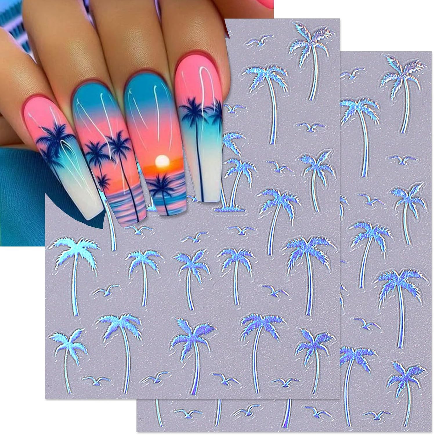 Summer Palm Tree Nail Art Stickers – Colorful Coconut Tree Seagull Self-Adhesive