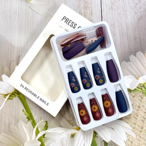 Colorful Flower Press on Nails Medium Ballet Shaped Coffin Nails Matte Stripe