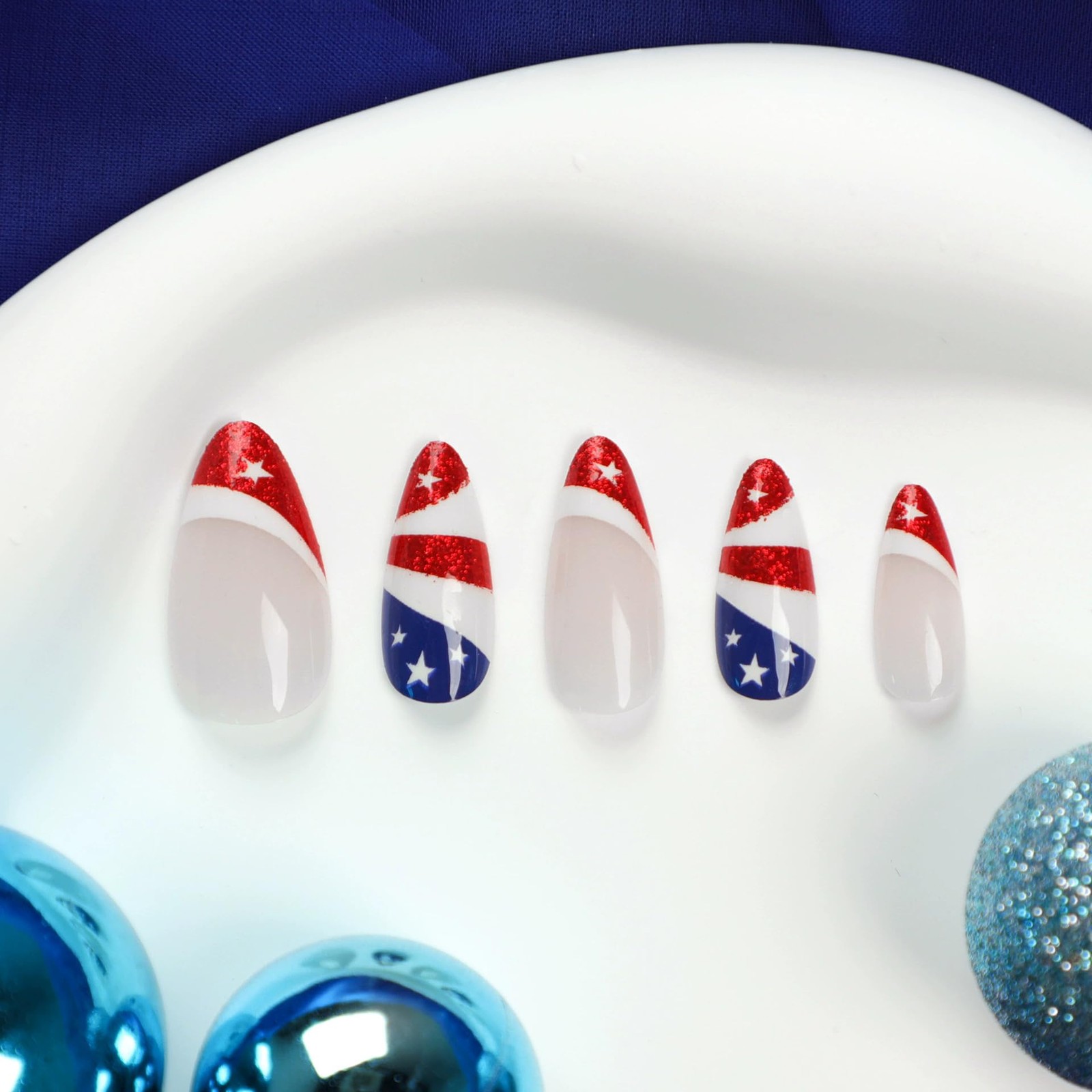 24Pcs 4th of July Press on Nails Medium Almond Oval Fake Nails with Flag Desi…
