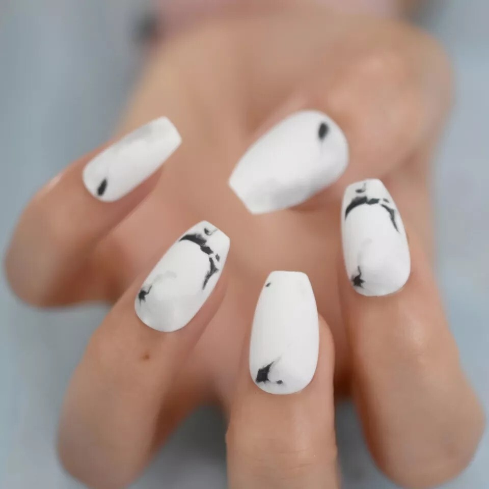 24 Matte White Marble Press on nails kit glue Classy black stone medium coffin