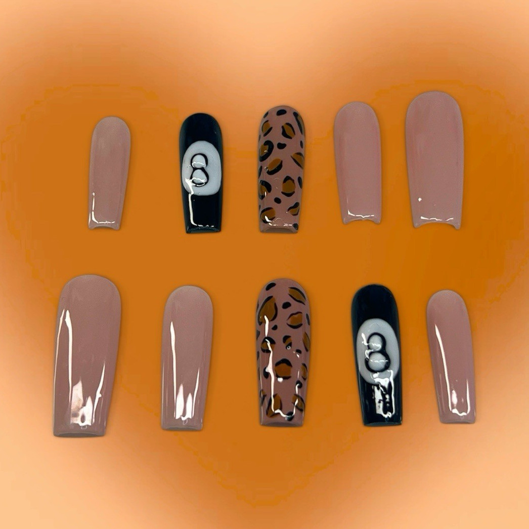 Long Square Press-On Nails Set Brown Black Beige Leopard Animal Shiny Full Cover