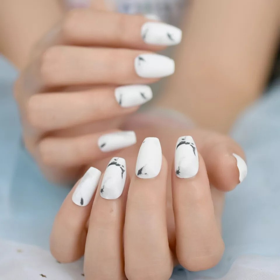24 Matte White Marble Press on nails kit glue Classy black stone medium coffin