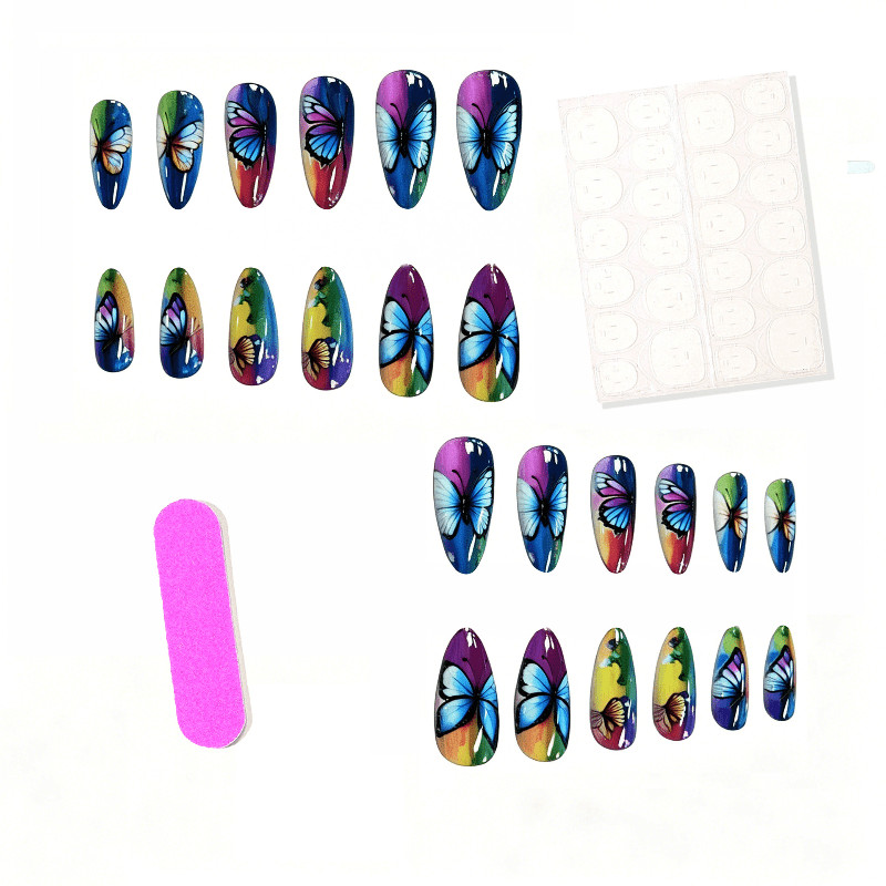48Pcs-Y2K Vibrant Multicolor Stripe Bright Butterfly Art Oval Press on Nails