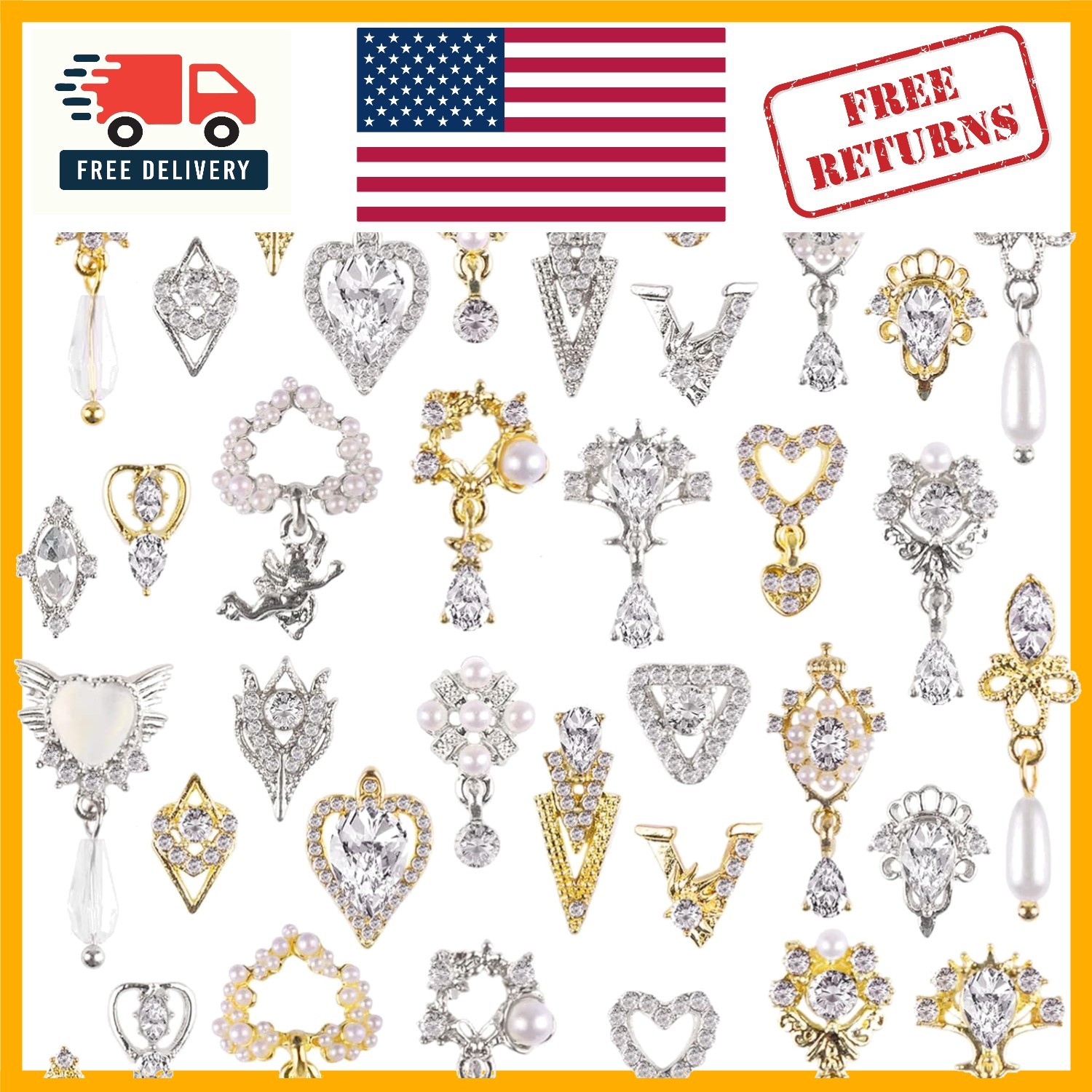 36 Pcs Versatile Nail Charms – Gold & Silver Rhinestones for Every Craft
