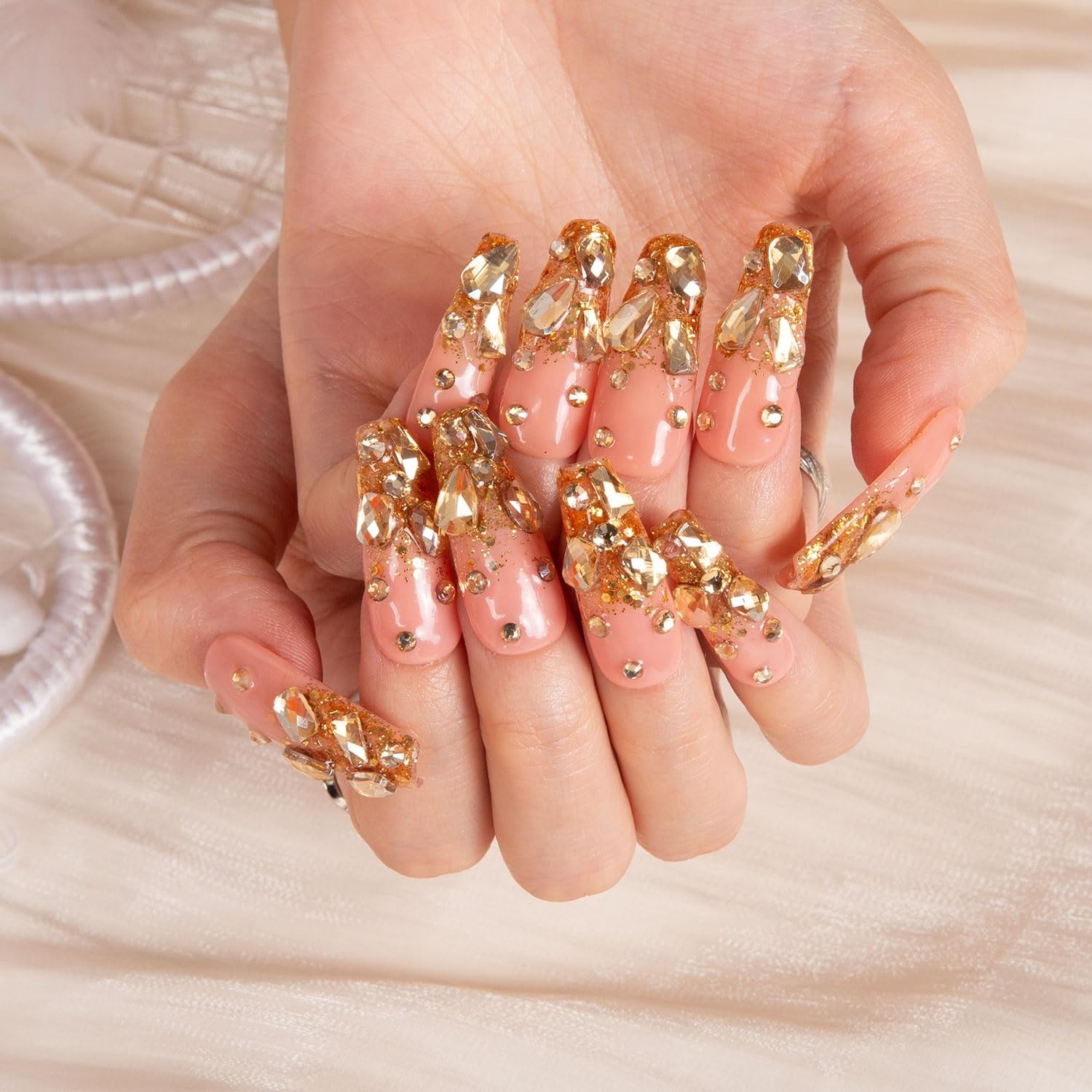 Press on Nails Stardust Gold Rhinestone Coffin Classic 1.3in – Reusable Full