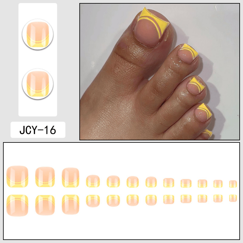 48P Short Square Toe Press on Nails, Nude Yellow Line French Fake Toenails