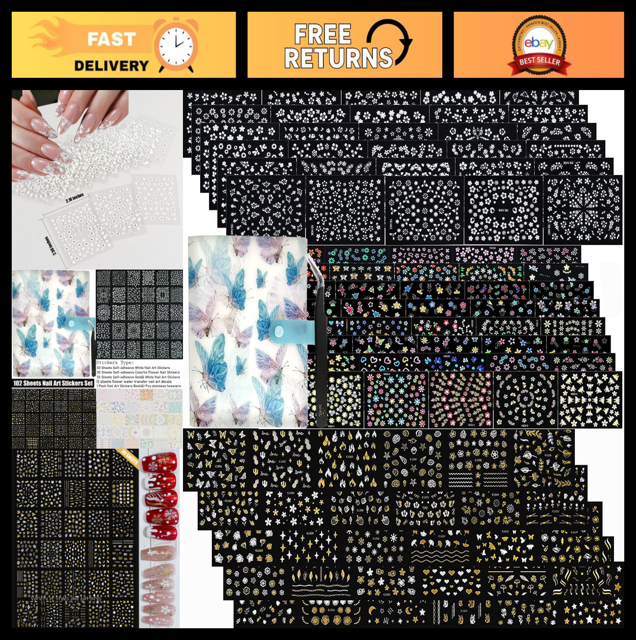 102 Sheets 5200 Pieces 3D Floral Nail Art Stickers & Storage Book – Rhinestone D