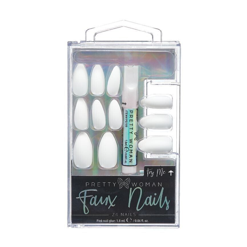 Pretty Woman Faux Nails Glue On Medium Length Almond Shape White 24Ct w/glue