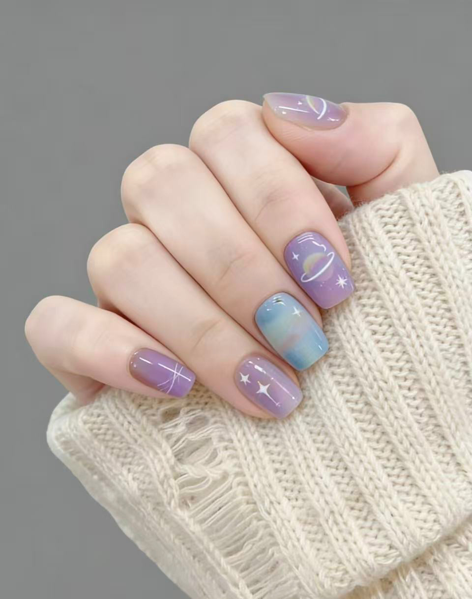10Pcs Starry Galaxy Short Square Press On Nails One Size Fits Most