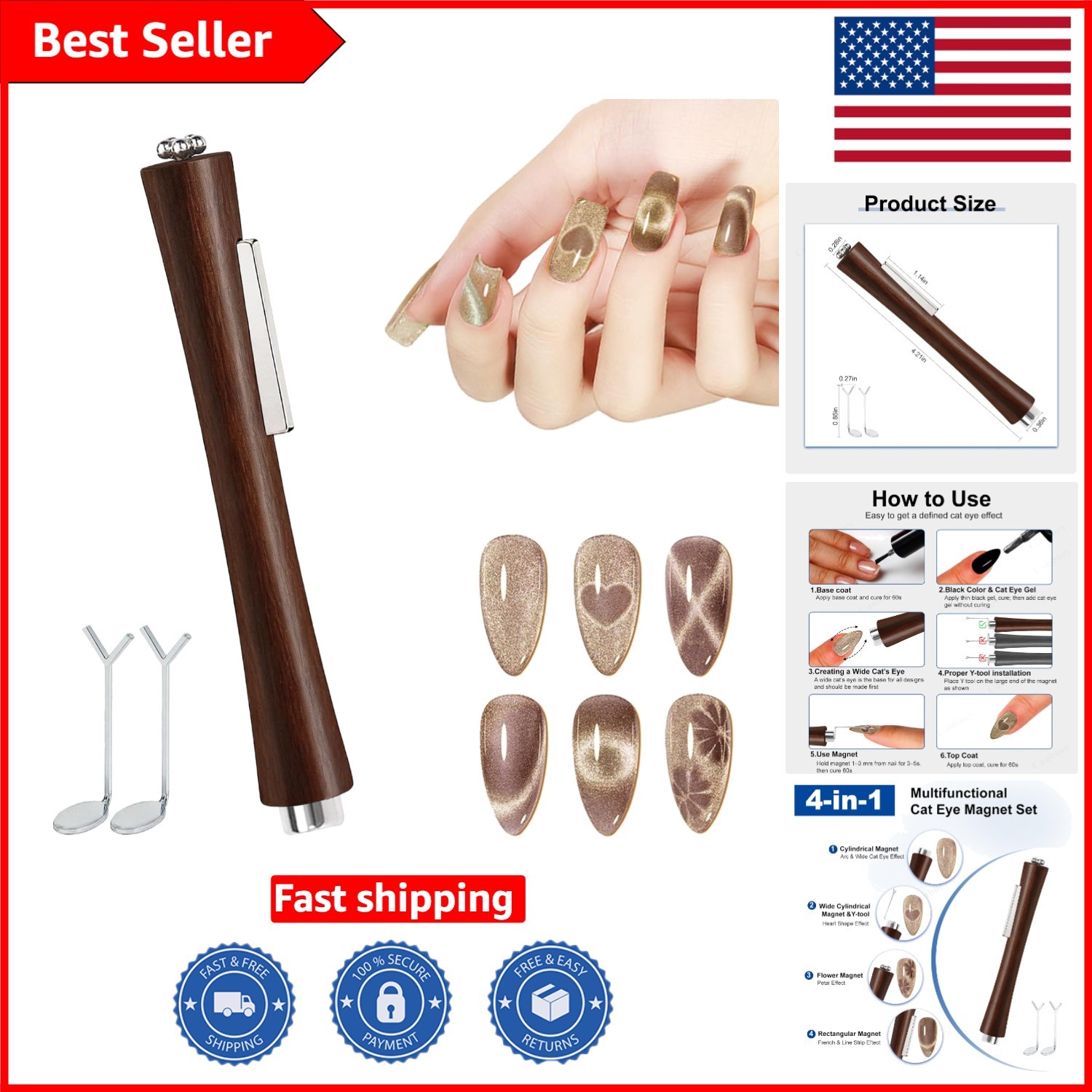 Elegant 4-in-1 Cat Eye Nail Magnet Stick with Heart Design Tools for Salons