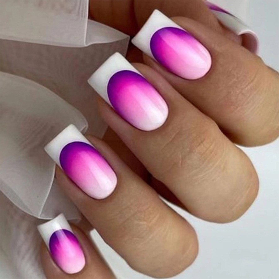 48pcs-Vibrant Gradient Nails with French Tip, Pink To Purple Ombre, Short Square