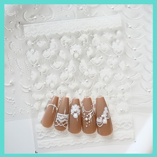 White Lace French Line Nail Art Stickers Pearl Rhinestones White Beige