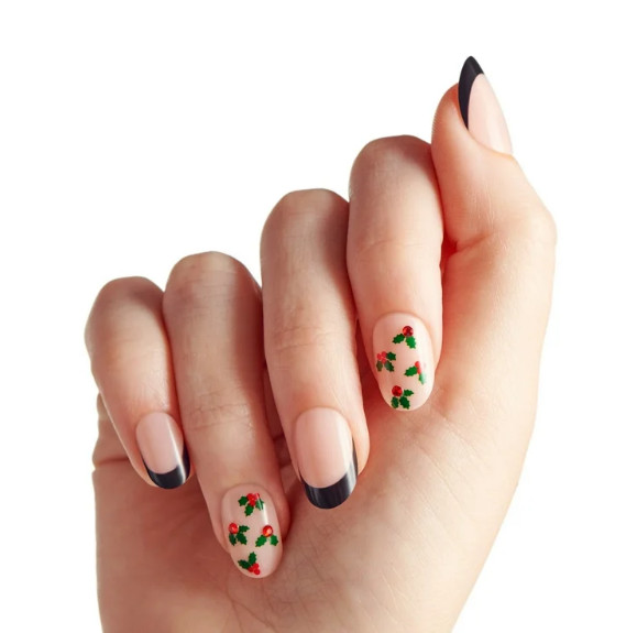 imPRESS Press On Nails Festive Holly Holiday Black French Tip No Glue Manicure