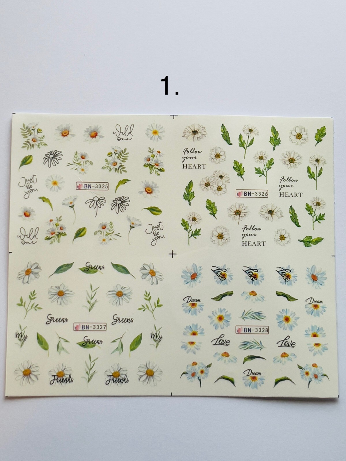 4 Sheets Daisy Nail Art Water Decals Spring Summer Flower Floral Daisies Fern