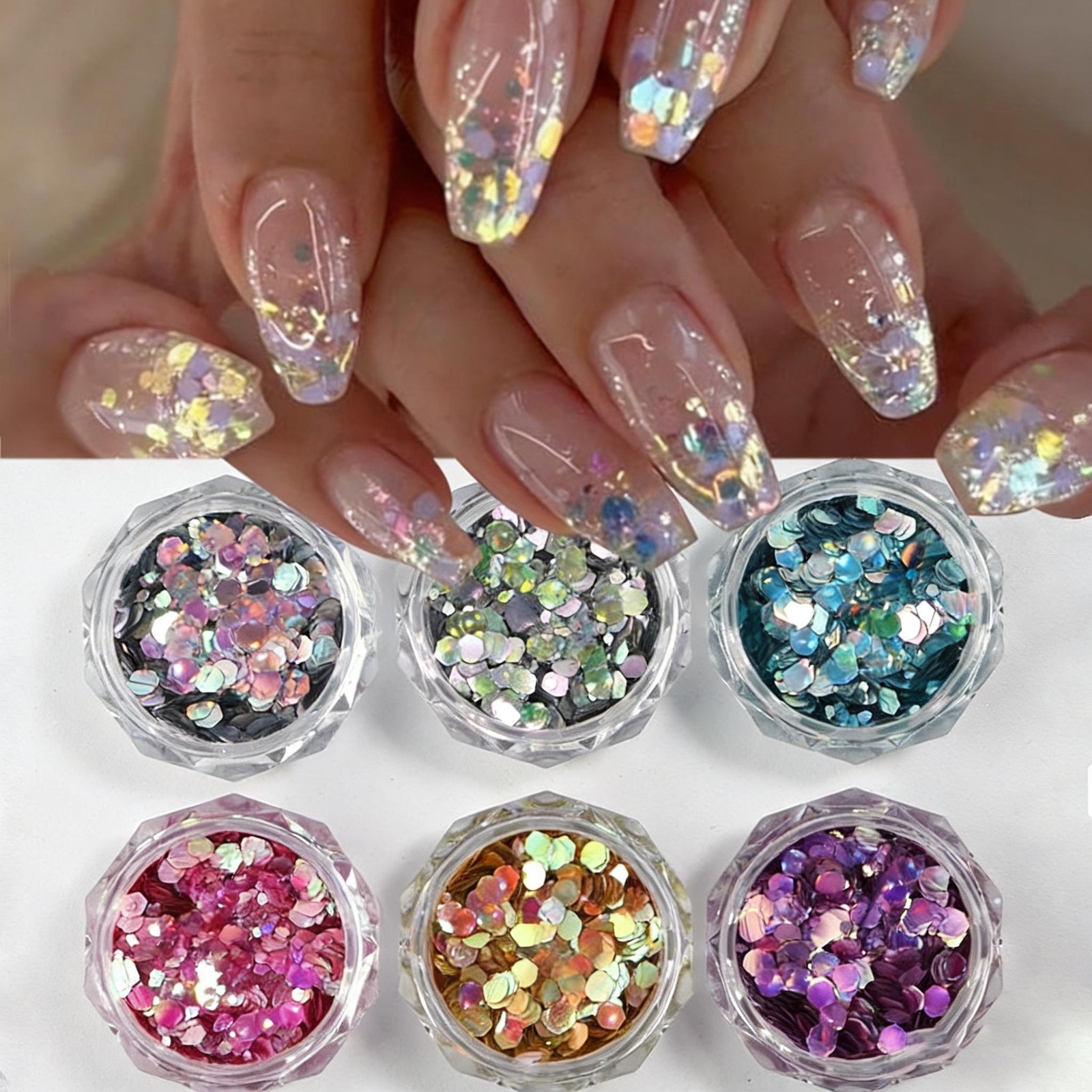 6-Color Japanese Hexagon Nail Sequins, Holographic Iridescent Glitter Flakes DIY