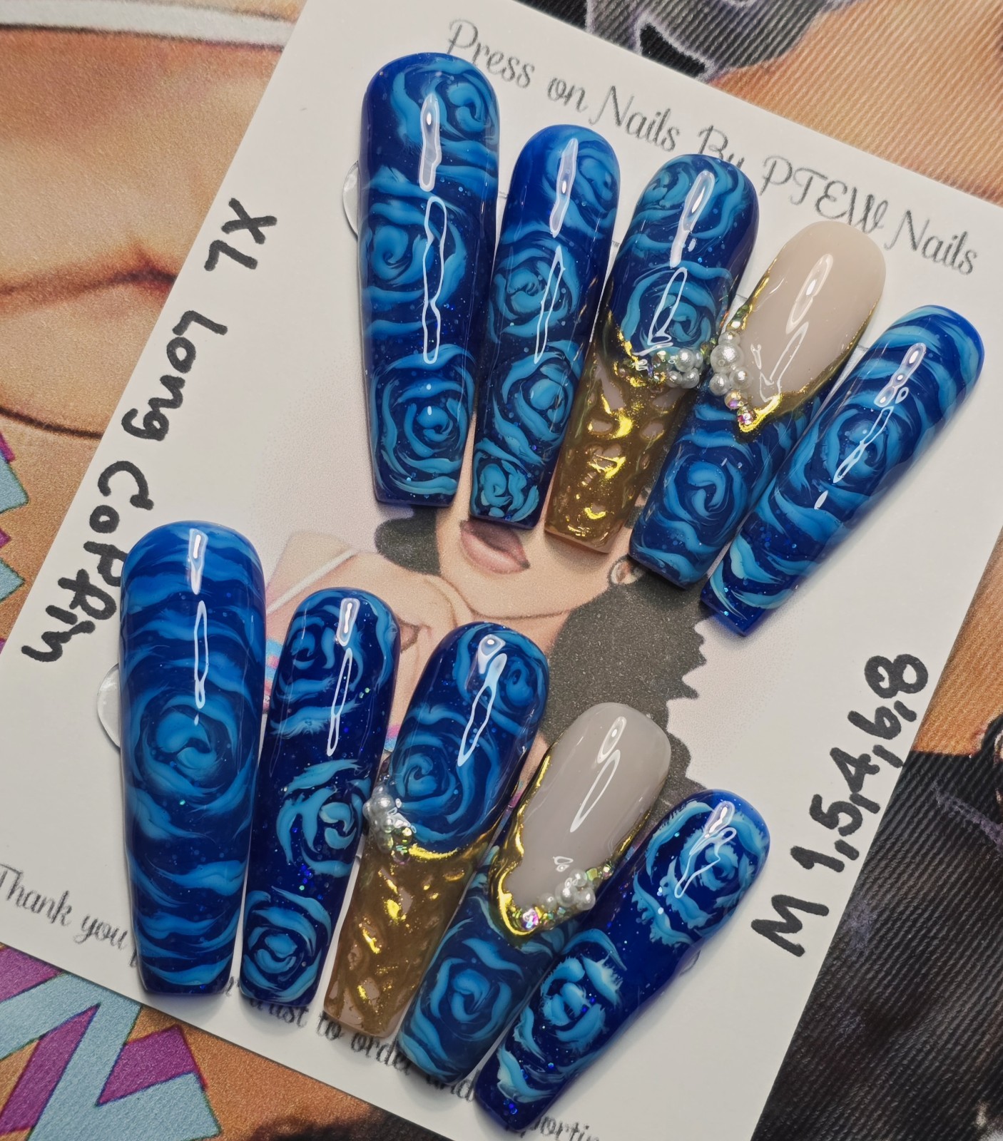Handmade Gel Press On Nails,V Rose Nails,Medium Size 1,5,4,6,8 XL Long Coffin