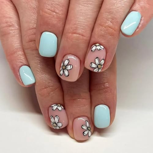 Light Blue Press on Nails Short Square Fake Nails with White Flower Design