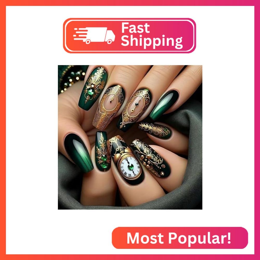 Dark Green Press on Nails – Long Coffin Fake Nails – Clock Design Rhinestone Glu