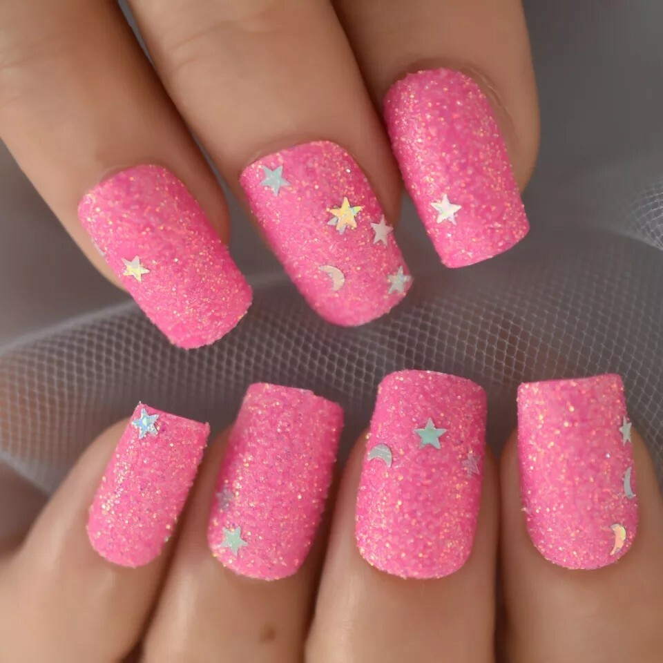 Hot Pink square Glitter Press on Nails with glue kawaii